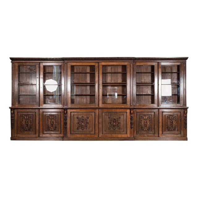 English Carved Oak Breakfront Glazed Bookcase, 1870s For Sale