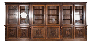 English Carved Oak Breakfront Glazed Bookcase, 1870s