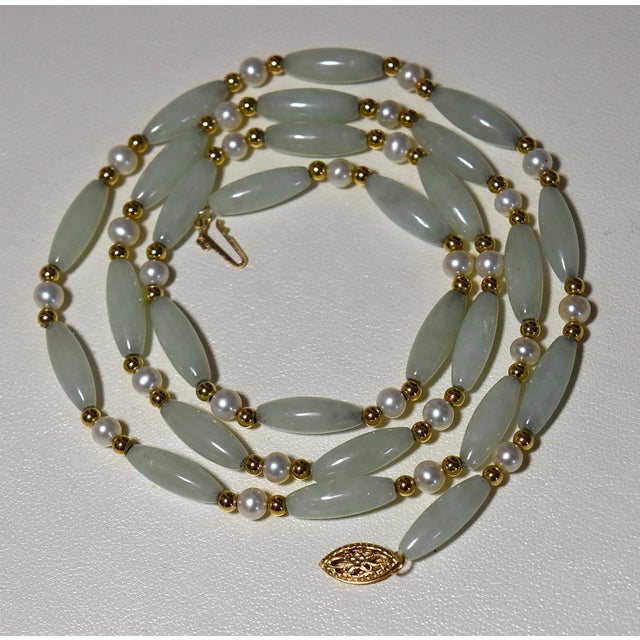 Vintage Barrel Jade & Pearl 14k Beaded 26" Necklace For Sale - Image 4 of 17