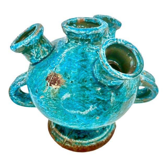 1950s Turquoise Cerulean Brutalist Vase For Sale