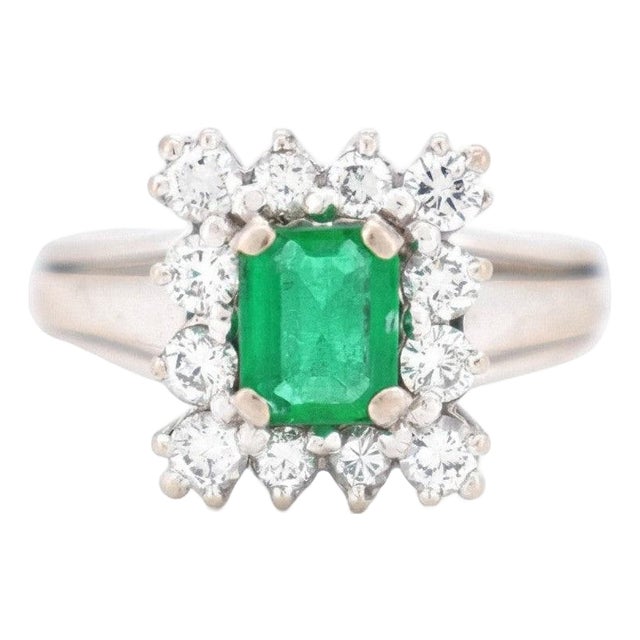 Vintage Emerald & Diamond Halo Gold Ring - 1970s, Size 6 For Sale
