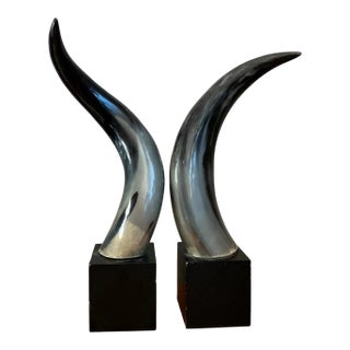 Vintage Decorative Horns on Wood Plinths For Sale