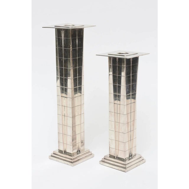 Mid-Century Modern Vintage Silver Plate Deco Style "Skyscraper" Candlesticks 1960's For Sale - Image 3 of 11