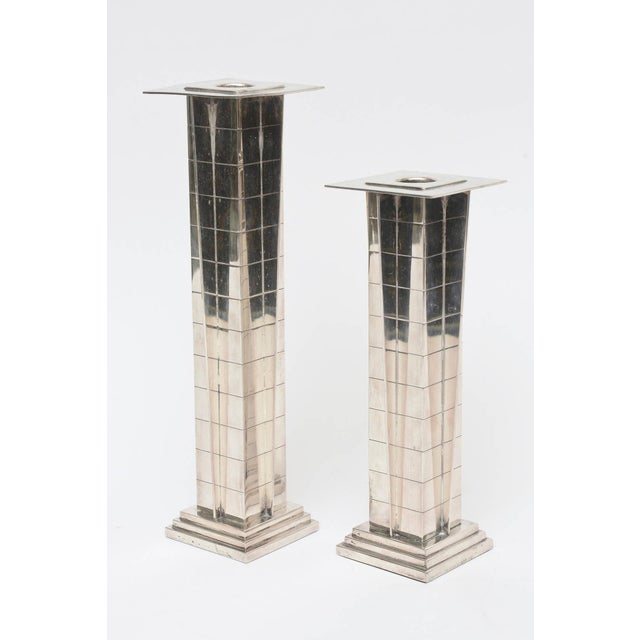 Mid-Century Modern Vintage Silver Plate Deco Style "Skyscraper" Candlesticks Pair Of For Sale - Image 3 of 11