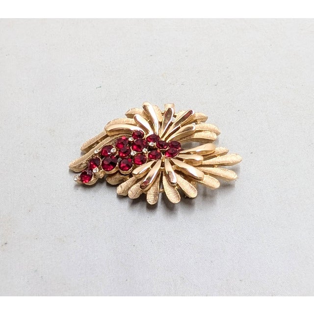 Metal Vintage Signed Crown Trifari Goldtone Faux-Garnet Rhinestone Brooch For Sale - Image 7 of 8
