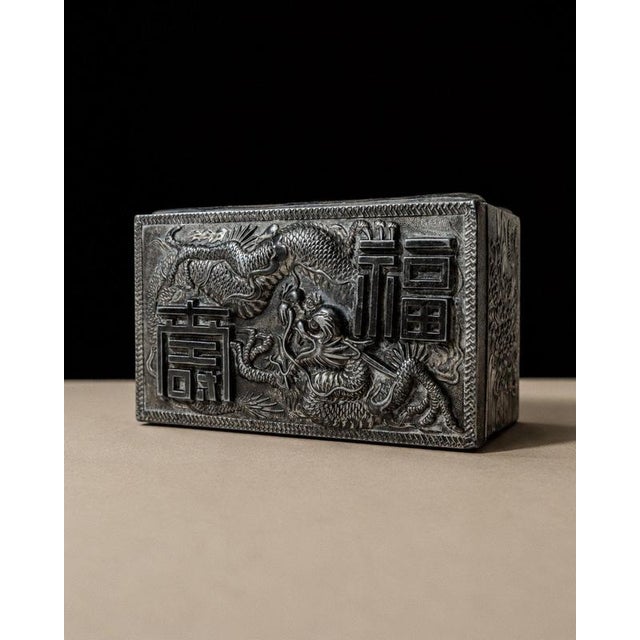 Vintage Japanese Silver-Plated Box with Dragon Motif and Wood Inlay, Early 19th Century For Sale - Image 17 of 17