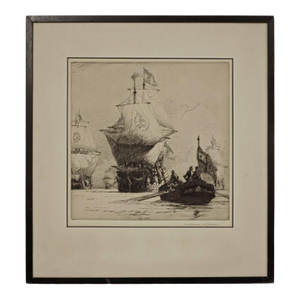 English Maritime Etching Norman Wilkinson Return State Fleet Pencil Signed Framed