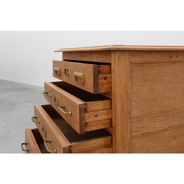 Brown Industrial Oak Filing Cabinet with Brass Handles, United Kingdom, 1920s For Sale - Image 8 of 15