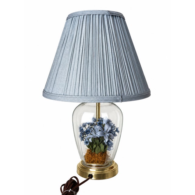1970s Vintage Blue Floral Glass Terrarium Table Lamp With Pleated Blue Shade For Sale - Image 5 of 8
