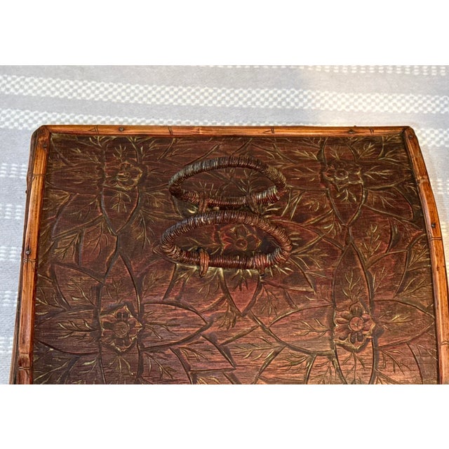 Vintage Hand Carved Bamboo Wooden Storage Box With Woven Handles For Sale - Image 10 of 11