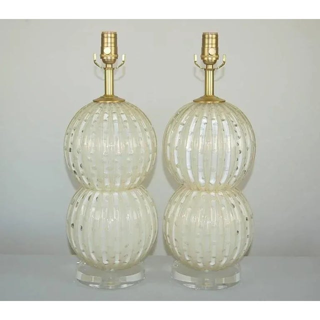 Murano glass stacked ball lamps. The WHITE spheres are filled with controlled bubbles, sprinkled lightly with GOLD dust....