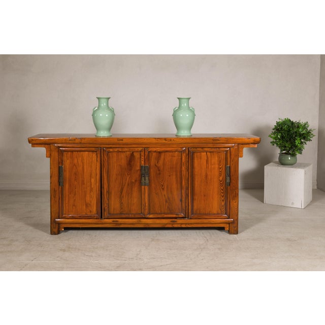 Qing Dynasty Elm Sideboard in Honey Lacquer with Four Doors and Brass Hardware For Sale - Image 10 of 12