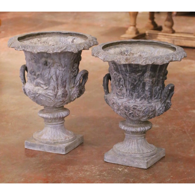 Mid 20th Century Pair of Mid-Century French Weathered Cast Lead Garden Urn Planters For Sale - Image 5 of 11