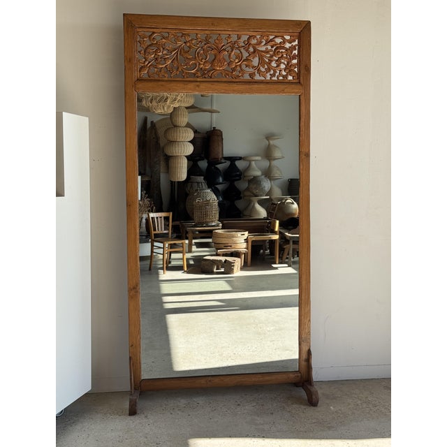 Brown Large Freestanding Teak Mirror with Carved Openwork Pediment, Indonesia, 1980s For Sale - Image 8 of 18