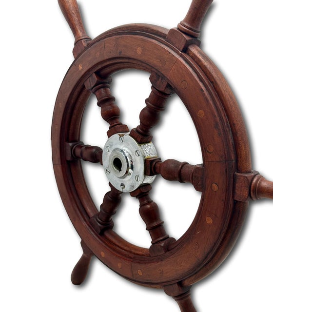 Fine Vintage Hand Made Large 25 Inch Authentic Mahogany & Rhodium Plated Brass Yacht - Ships Wheel - Mid 1900s For Sale - Image 15 of 18