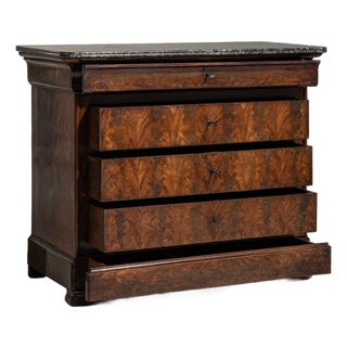 19th Century France Rich Walnut Brown Flame-Veneer Marble-Top Chest For Sale