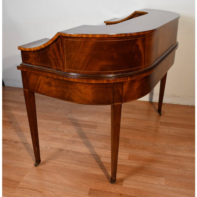 Wood 1930s English Regency Mahogany Inlaid & Leather Top Carlton Writing Desk For Sale - Image 7 of 18