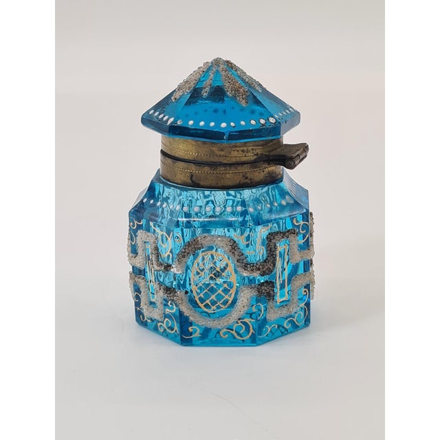 Antique Art Deco French Inkwell in Blue Faceted Glass, 1920 For Sale - Image 3 of 10