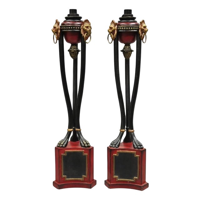 Late 20th Century Decorator Empire Regency Style Red & Black Metal Lion Candlesticks - a Pair For Sale