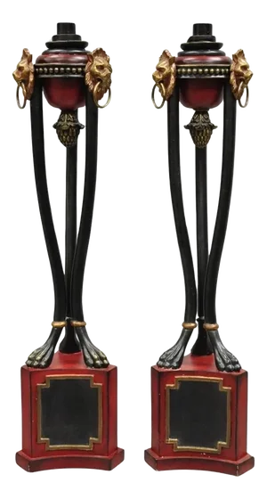 Late 20th Century Decorator Empire Regency Style Red & Black Metal Lion Candlesticks - a Pair