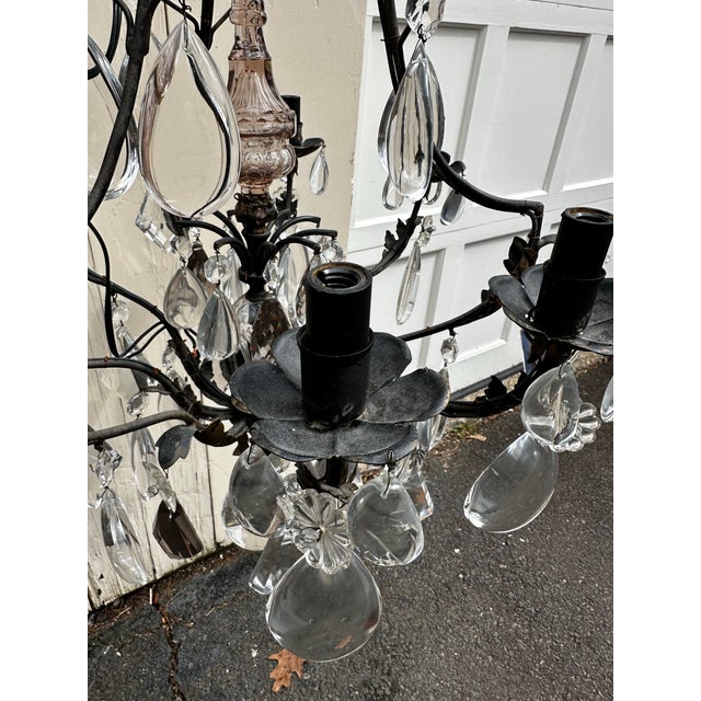 Vintage Six Arm Metal and Crystal French Provincial Chandelier For Sale - Image 4 of 8