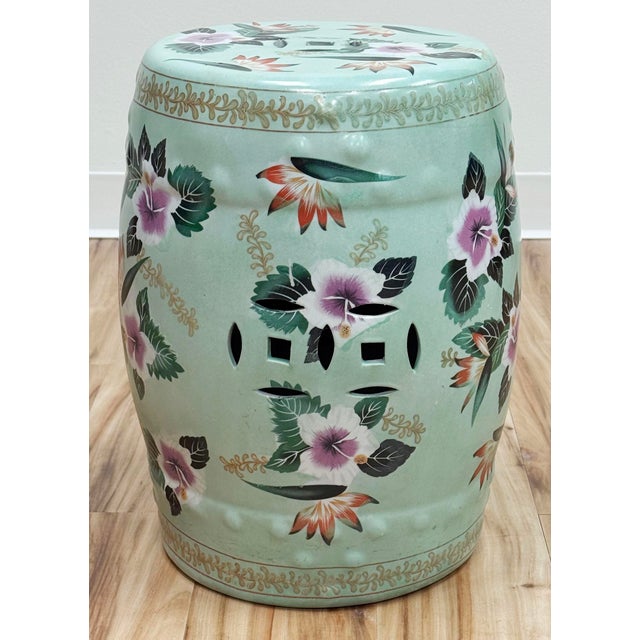 Vintage gorgeous mint green floral pattern Chinoiserie style ceramic garden stool. Features vibrant tropical flowers in...