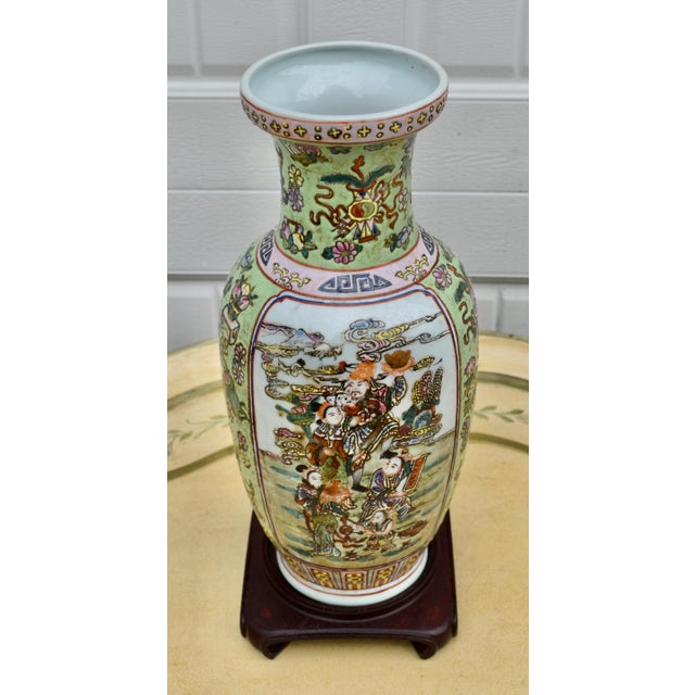 1960s Vtg. Figural Raised Painted Chinese Vase W/Rosewood Stand For Sale - Image 5 of 15