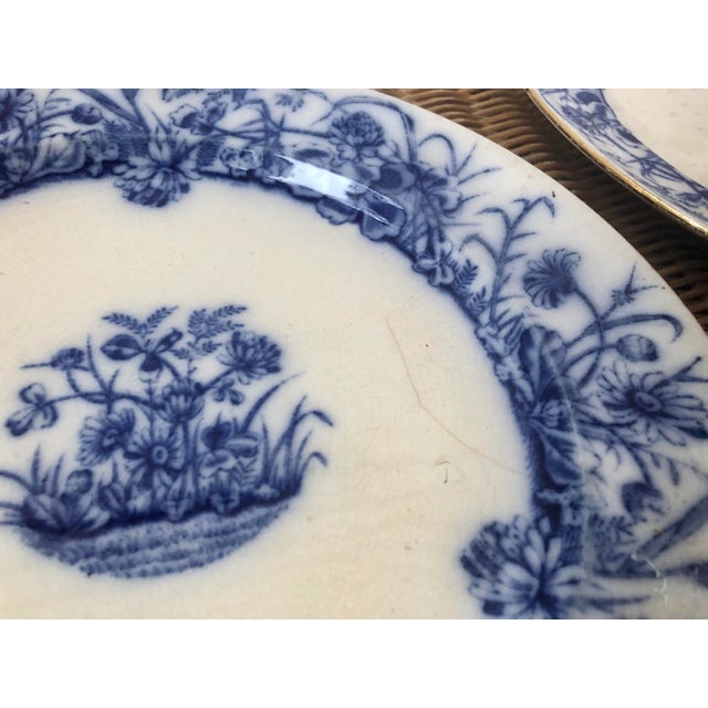 Shabby Chic Early Gater Hall Blue Flow Plates in "Clover" Floral Pattern - a Pair For Sale - Image 3 of 13