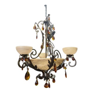 Vintage Fredrick Ramond Alabaster Glass Lighted Chandelier, Amber Crystal Glass, Six Lights, Metal For Sale