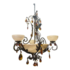 Vintage Fredrick Ramond Alabaster Glass Lighted Chandelier, Amber Crystal Glass, Six Lights, Metal