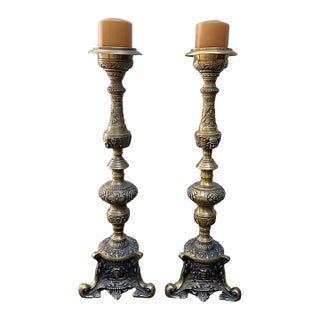 Antique Castilian Art Nouveau Medieval Ornate Pique-Cierge Brass Candle Stands Holders For Sale