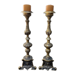 Antique Castilian Art Nouveau Medieval Ornate Pique-Cierge Brass Candle Stands Holders