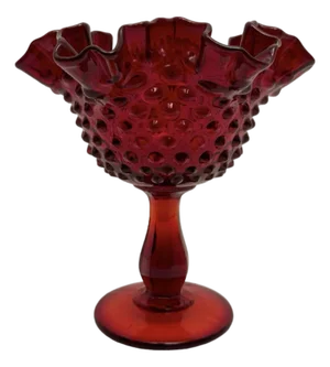 Vintage Fenton Ruby Red 6” Tall Hobnail Ruffled Edge Compote Signed (C-5).