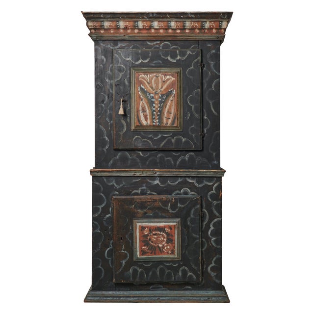 Tall Swedish Handcrafted Black Painted Pine Folk Art Cabinet For Sale