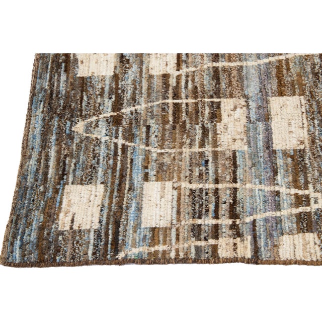 Modern Moroccan Style Handmade Brown Geometric Wool Runner For Sale - Image 4 of 7