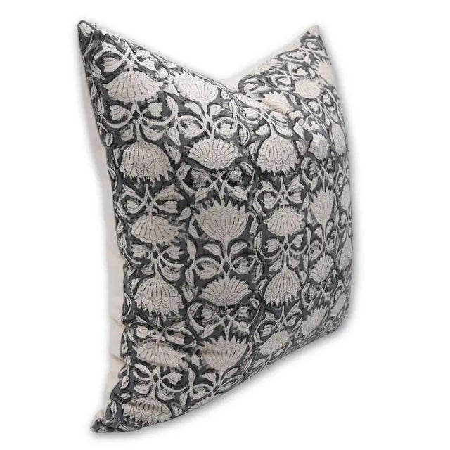 Art Deco Fabdivine Floral Block Print Pillow Cover 18x18 Inch Duck Canvas-Ulta Kamal For Sale - Image 3 of 5