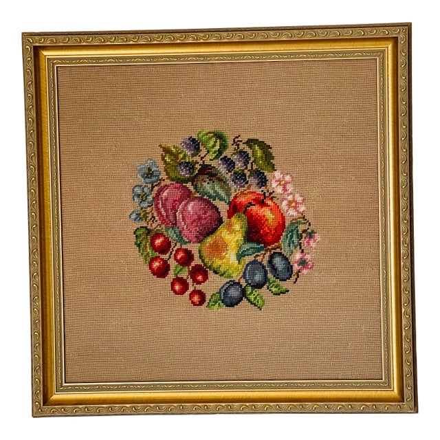 Vintage Needlepoint Tapestry Still Life Gold Frame For Sale