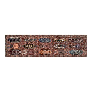Kazak Style Handmade Wool Runner Rug in Terracotta and Blue For Sale