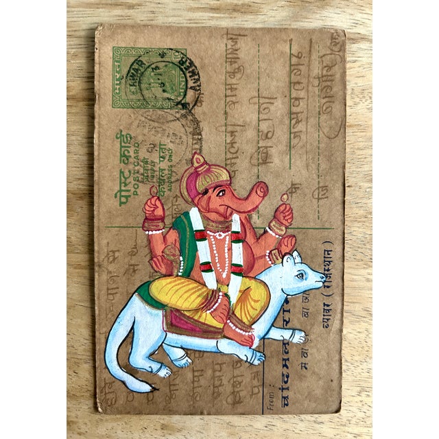 Mid 20th Century Vintage Indian Ganesha Hand Painted Rajasthani Paper Postcard For Sale In Denver - Image 6 of 8