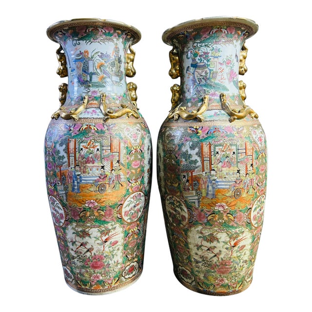 Chinese Famille Rose Floor Vases With Figural Panels and Gilt Dragon Handles, 38" For Sale
