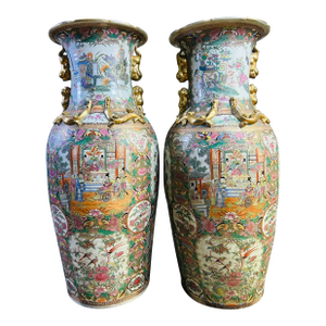 Chinese Famille Rose Floor Vases With Figural Panels and Gilt Dragon Handles, 38"