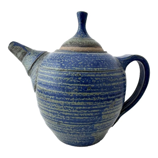 Vintage Blue Stoneware Pottery Teapot, Signed For Sale
