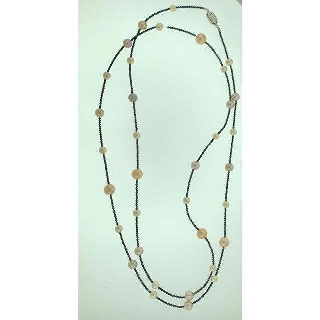 Fresh Water Pearl Single Strand Necklace with Black Spinel Opera Length 46 Inch For Sale - Image 11 of 18