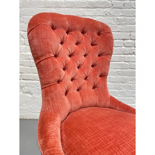 Victorian Victorian Tufted Slipper Chair | Pink Velvet Upholstery | Antique Accent Chair on Brass Casters, C. 1900's For Sale - Image 3 of 12