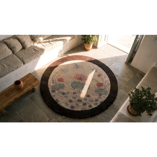 Ivory 1920s Ivory Dragonfly Antique Round Chinese Art Deco Carpet 3' X 3' Knotted Wool Rug For Sale - Image 8 of 9