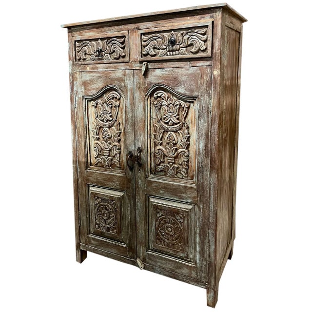 1920s Midcentury Antique Spanish Style Armoire Carved Storage Bar Cabinet For Sale - Image 5 of 9
