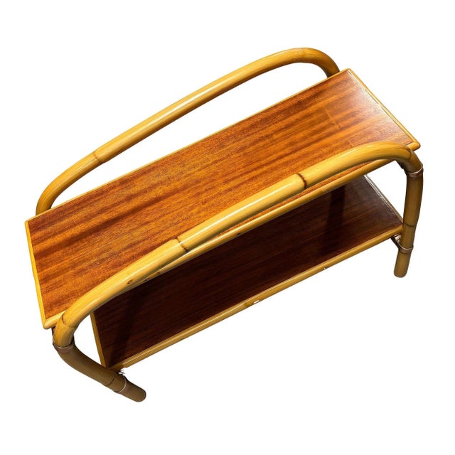 Rattan & Mahogany Double Arch "Tropitan" 2-Tier Side Table by Ritts, Pair For Sale - Image 4 of 8
