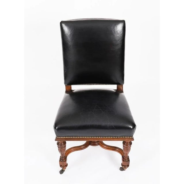 Antique French Walnut and Black Leather Dining Chairs, 19th Century, Set 12 For Sale - Image 11 of 13