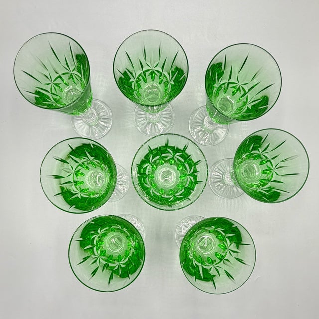 Vintage Emerald Green Cut Crystal Wine Glasses from Cristalería San Carlos, Argentina, 1950s, Set of 8 For Sale - Image 17 of 18