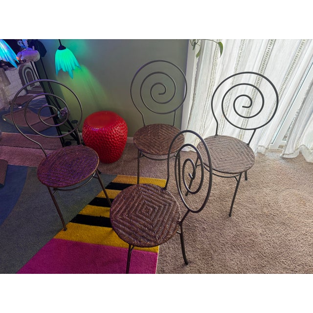 Rare - Vintage Swirl Nautilus Back Metal With Woven Wicker Seat Dining Chairs - Set of 4 For Sale In Little Rock - Image 6 of 6